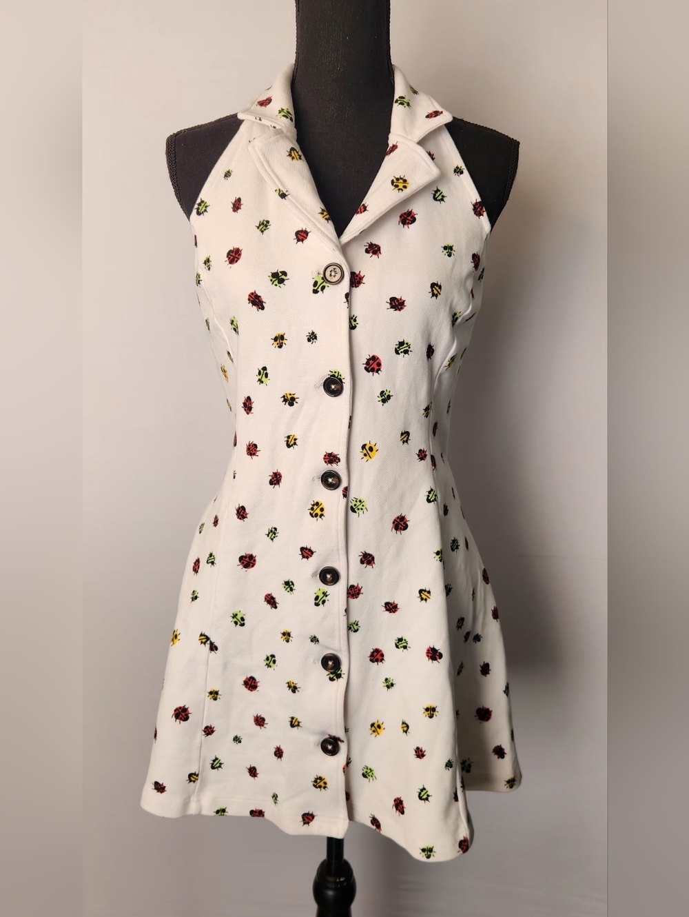 Modcloth White Halter Dress with Multicolor Ladybug Design Size Xl